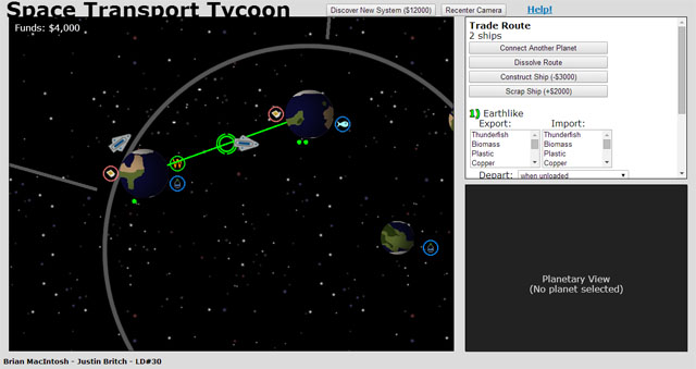 Screenshot of a view of a solar system with interface elements for configuring a trade route.