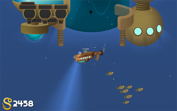 Screenshot of a sleek submarine departing an even sleeker base to harpoon some fish.