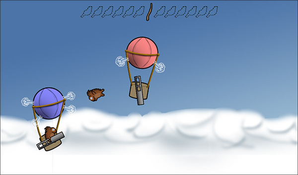 Screenshot of a porcupine flinging itself from a hot air balloon at another balloon manned by yet another porcupine. The balloons are leaking.