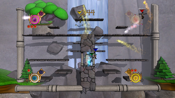 Screenshot showing multiple players jumping about a map full of platforms.